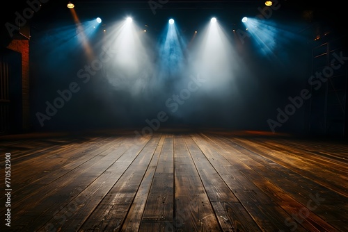 Dramatic Illuminated Stage with Wooden Floor and Theatrical Lighting for Performance or Concert Event