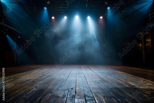 Dramatic Theatrical Stage with Vibrant Lighting and Wooden Floorboards for Entertainment Events