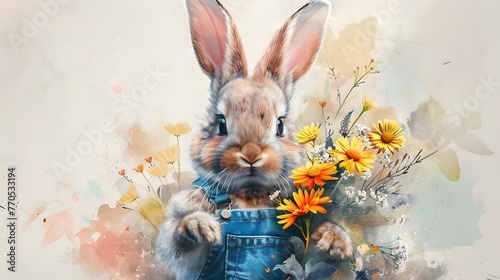Watercolor Easter Bunny in a Sunny Wildflower Meadow