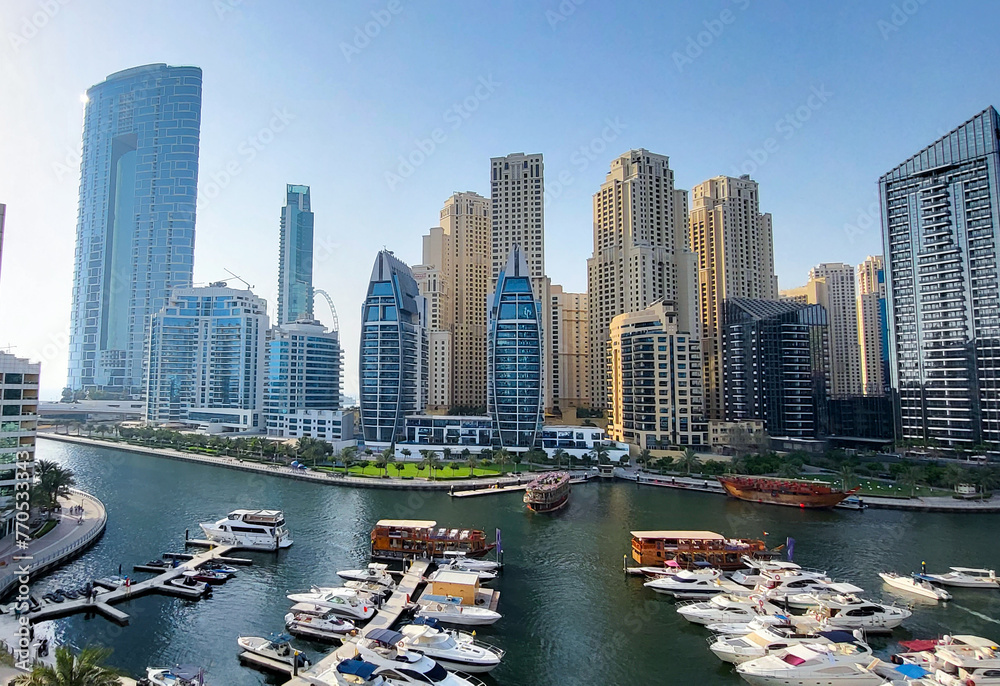 Fototapeta premium Panoramic view of Dubai Marina, Dubai Marina is an artificial channel with a length of 3 km, laid along the coastline of the Persian Gulf