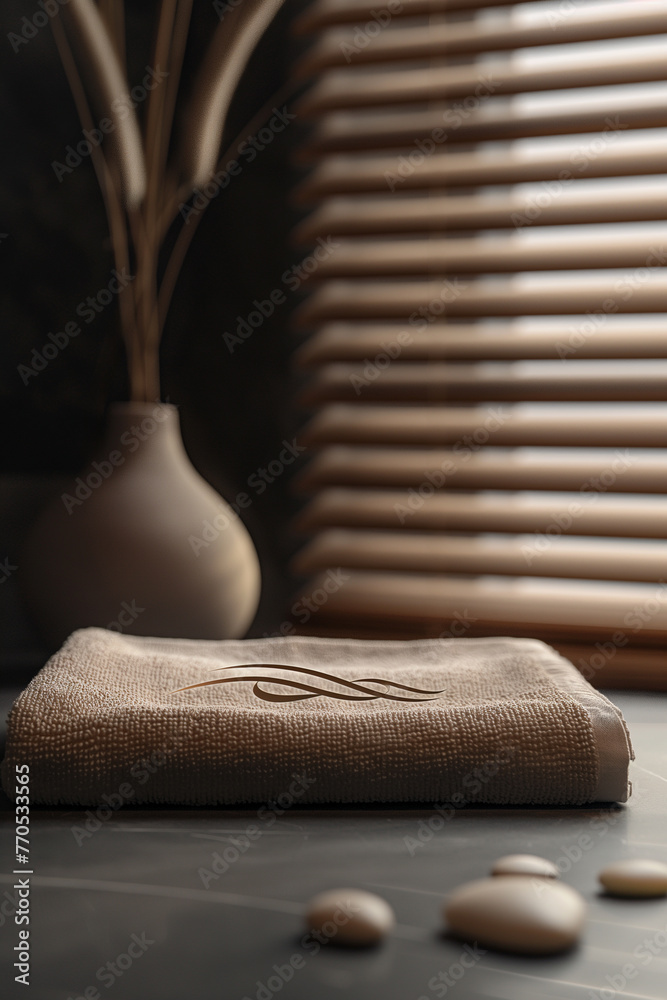 Interior of massage spa beaquty salon with towels and flowers. Spa and beauty concept banner - obrazy, fototapety, plakaty 