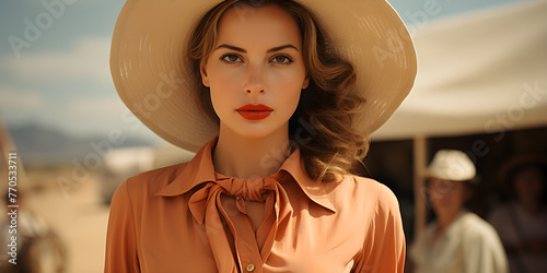 Woman in vintage attire in desert photo