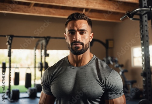 Serious man focused on lifting weights in a gym environment.