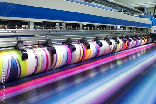 Wide format digital inkjet printer producing large, vibrant prints during production process, photography