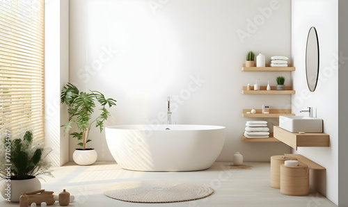 Interior of light bathroom with white sink bat