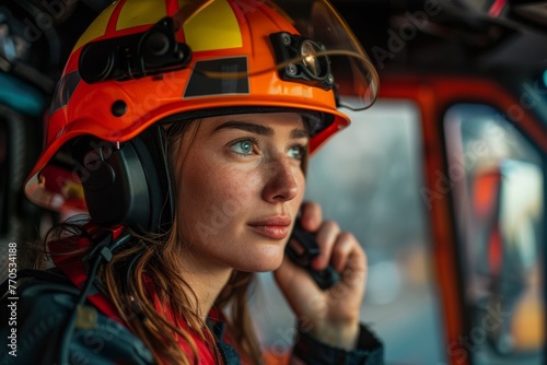 Focused female firefighter communicating via radio in a fire truck