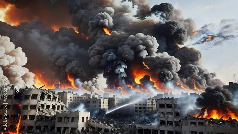 Big explosion after military attack. Gray day. Plumes of smoke and fire after an rocket fire damage. View of building collapsed. War concept. 4 k