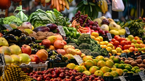 A vibrant display of fresh fruits and vegetables at a local farmers market, showcasing organic and healthy food options. Fresh Produce Array at a Local Farmers Market