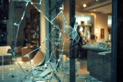 Shattered glass window of a shop casts a haunting reflection on the disturbed scene within.