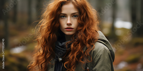 Redhead woman in autumn woods