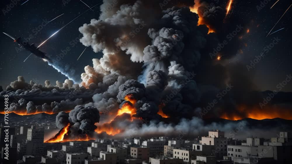 Night view of plumes of smoke. Big explosion after military attack and fire after an rocket damage, building collapsed. War concept. 4k