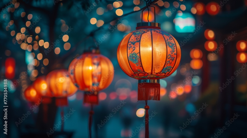 Colorful traditional Chinese lanterns hanging from a tree on a city street at night under the glow of streetlights