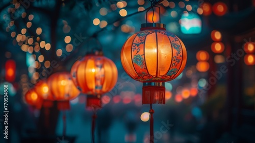 Colorful traditional Chinese lanterns hanging from a tree on a city street at night under the glow of streetlights