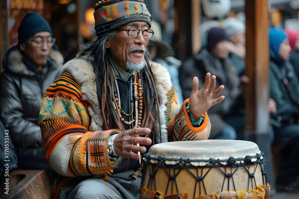  An enthusiastic and old man street performer captivating a crowd with a lively musical performance. 