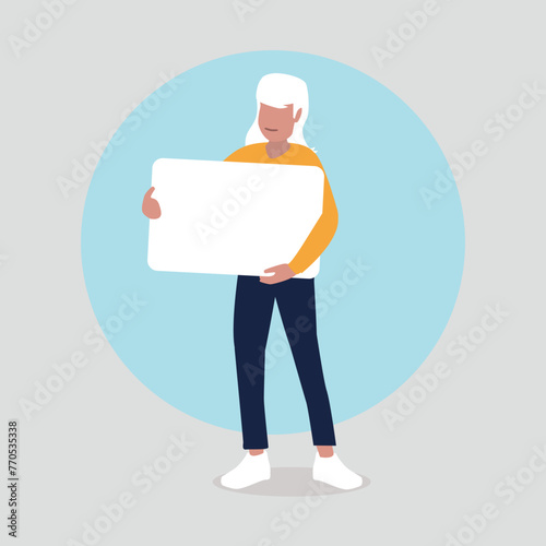 Adobe Illustrator ArtworkVektor-Illustration einer Frau hält ein Schild mit Platz für eine Nachricht - Kommunikationskonzept