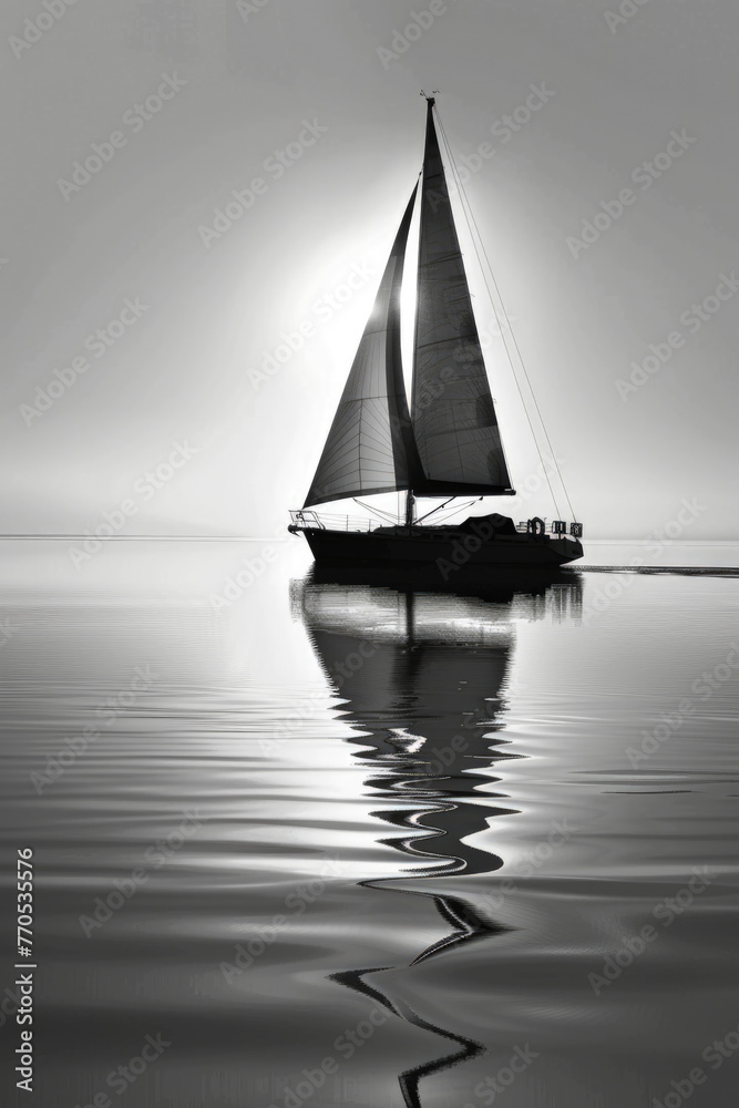 A black and white sailboat cutting through the ocean waves with sails billowing in the wind