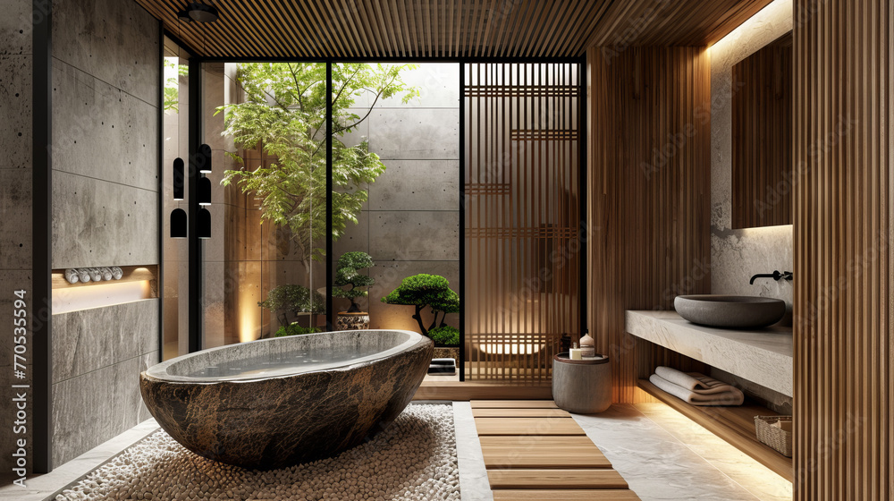 A lavish bathroom boasting a unique stone bathtub with wooden elements and indoor greenery creating a spa-like atmosphere A lavish bathroom boasting a unique stone bathtub with wooden elements and indoor greenery creating a spa-like atmosphere
