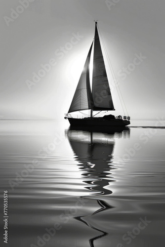 A black and white sailboat cutting through the ocean waves with sails billowing in the wind