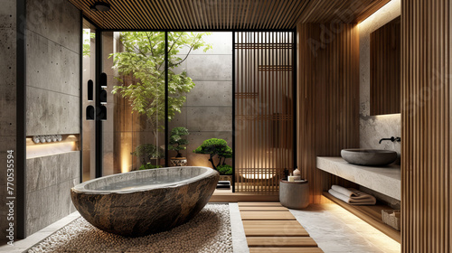 A lavish bathroom boasting a unique stone bathtub with wooden elements and indoor greenery creating a spa-like atmosphere