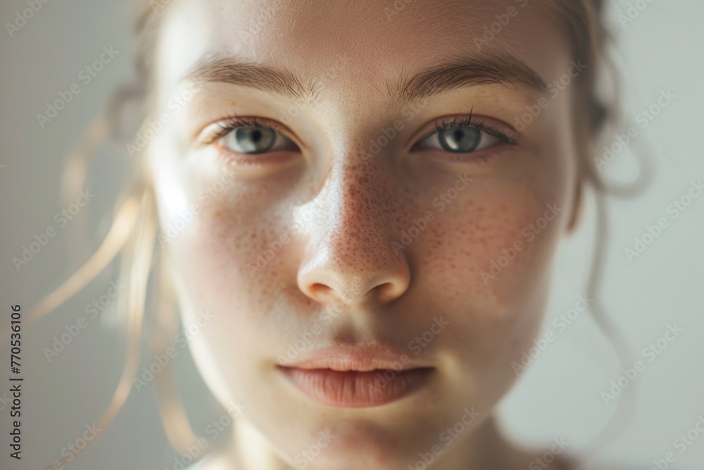 Mesmerizing close-up of a young girl's face, highlighting her delicate freckles. Mesmerizing close-up of a young girl's face, highlighting her delicate freckles.