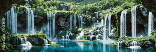 Breathtaking Waterfall in Croatias Plitvice Lakes National Park, Lush Greenery and Crystal Waters photo