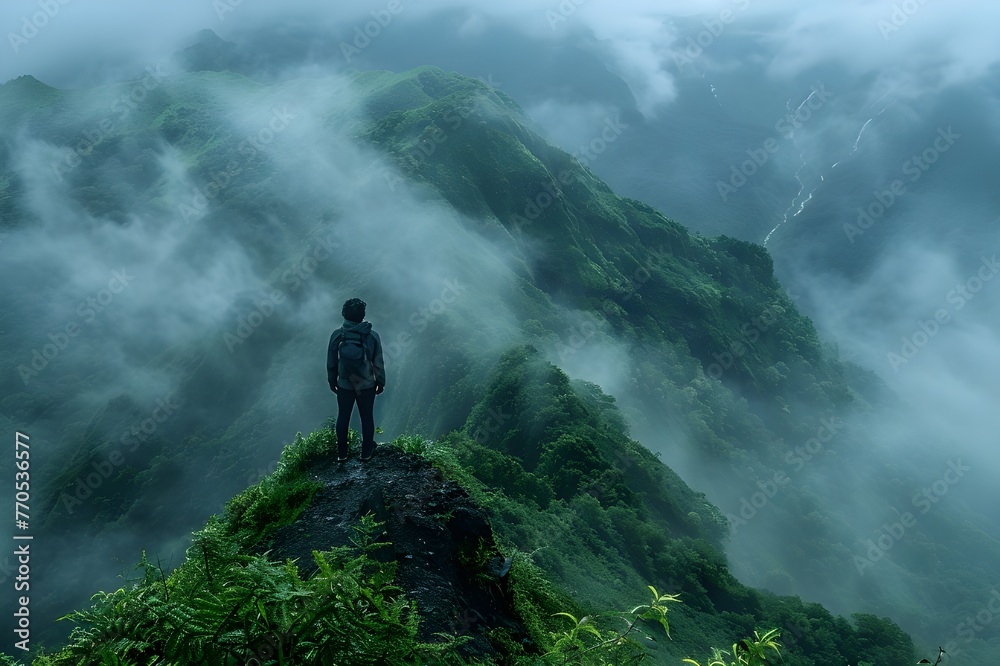 A solitary hiker pausing to admire the breathtaking vista from a misty mountaintop. 