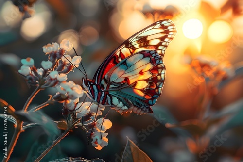 Vibrant Butterfly Clinging to Sunset's Radiant Glow © monkiiz