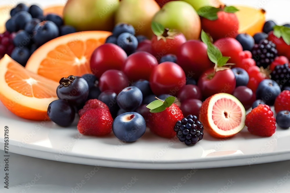 Raw fruits berries on the white plate Raw fruits berries on the white plate