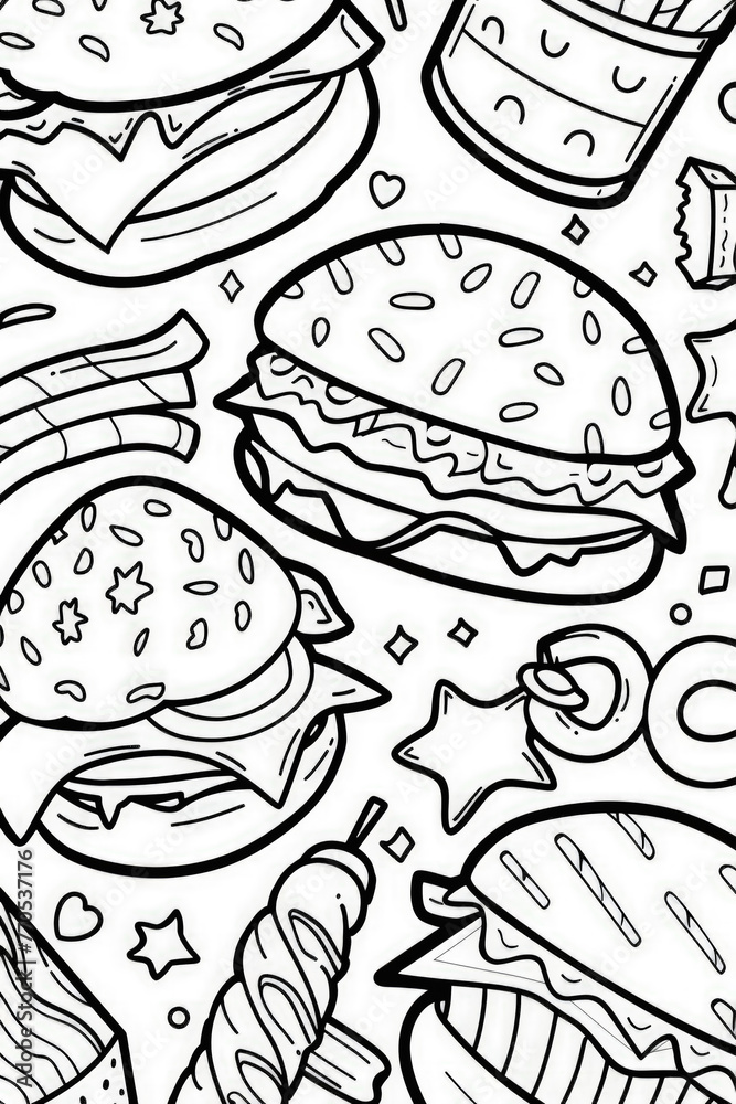 Coloring page of detailed black and white drawing depicting three hamburgers with lettuce, cheese, and tomatoes stacked on sesame seed buns
