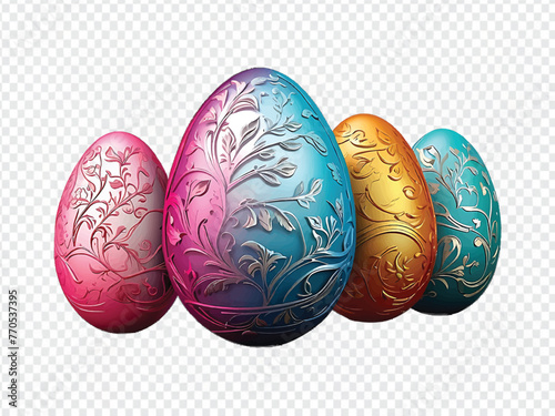 Colorful 3D Easter Eggs with Ornate Design on Transparent Background Vector Illustration