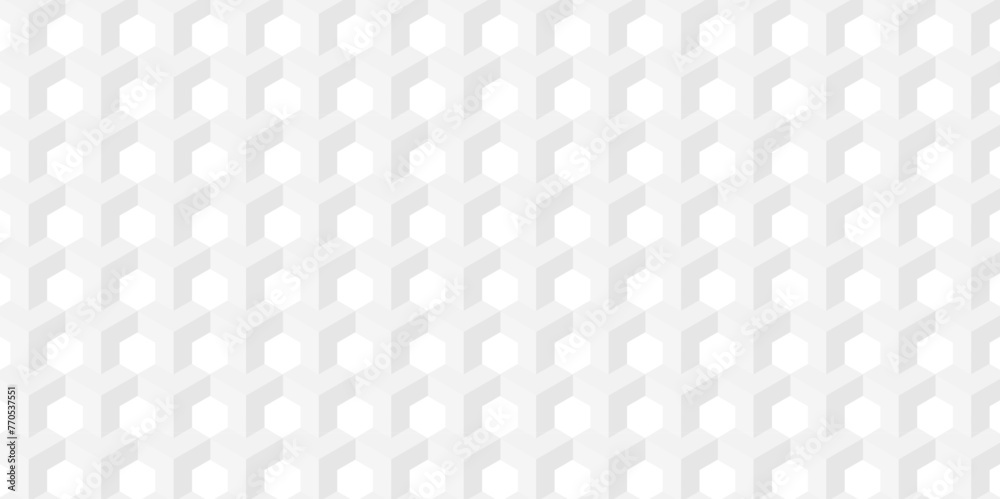 Fototapeta premium Minimal cubes geometric tile and mosaic wall or grid backdrop hexagon technology wallpaper background. white and gray geometric block cube structure backdrop grid triangle texture vintage design.