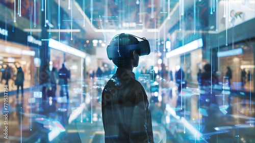 Futuristic Virtual Reality Experience in a Modern Shopping Mall Setting. Person Engaging with Advanced Tech. Visual Symmetry and Neon Lighting Define the Style. AI