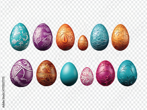 Colorful 3D Easter Eggs with Ornate Design on Transparent Background Vector Illustration