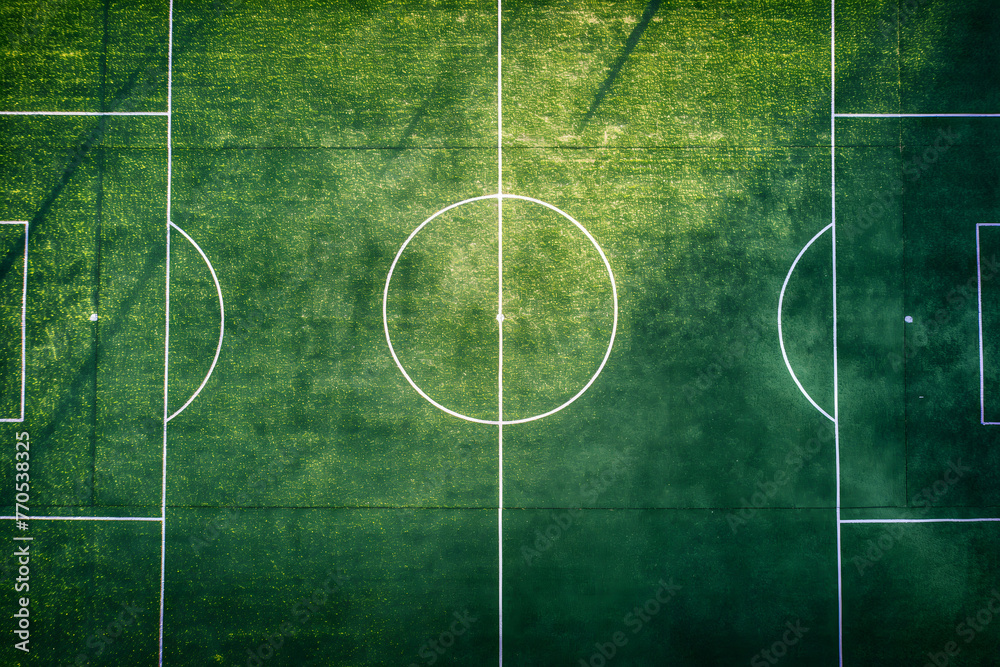 Top view,A soccer field, football field with a white line on the grass - obrazy, fototapety, plakaty 