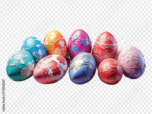 Colorful 3D Easter Eggs with Ornate Design on Transparent Background Vector Illustration