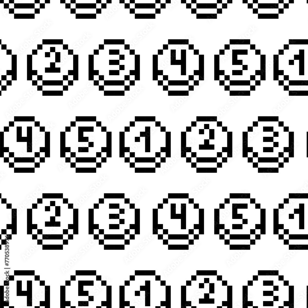 Fototapeta premium A coin pattern with numbers in black pixels. The number icon. Vector illustration. Pixel graphics. Circles with numbers. Retro style elements on a white background. Small black squares in a group