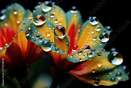 Drops of dew on the petals of a flower. © tnihousestudio