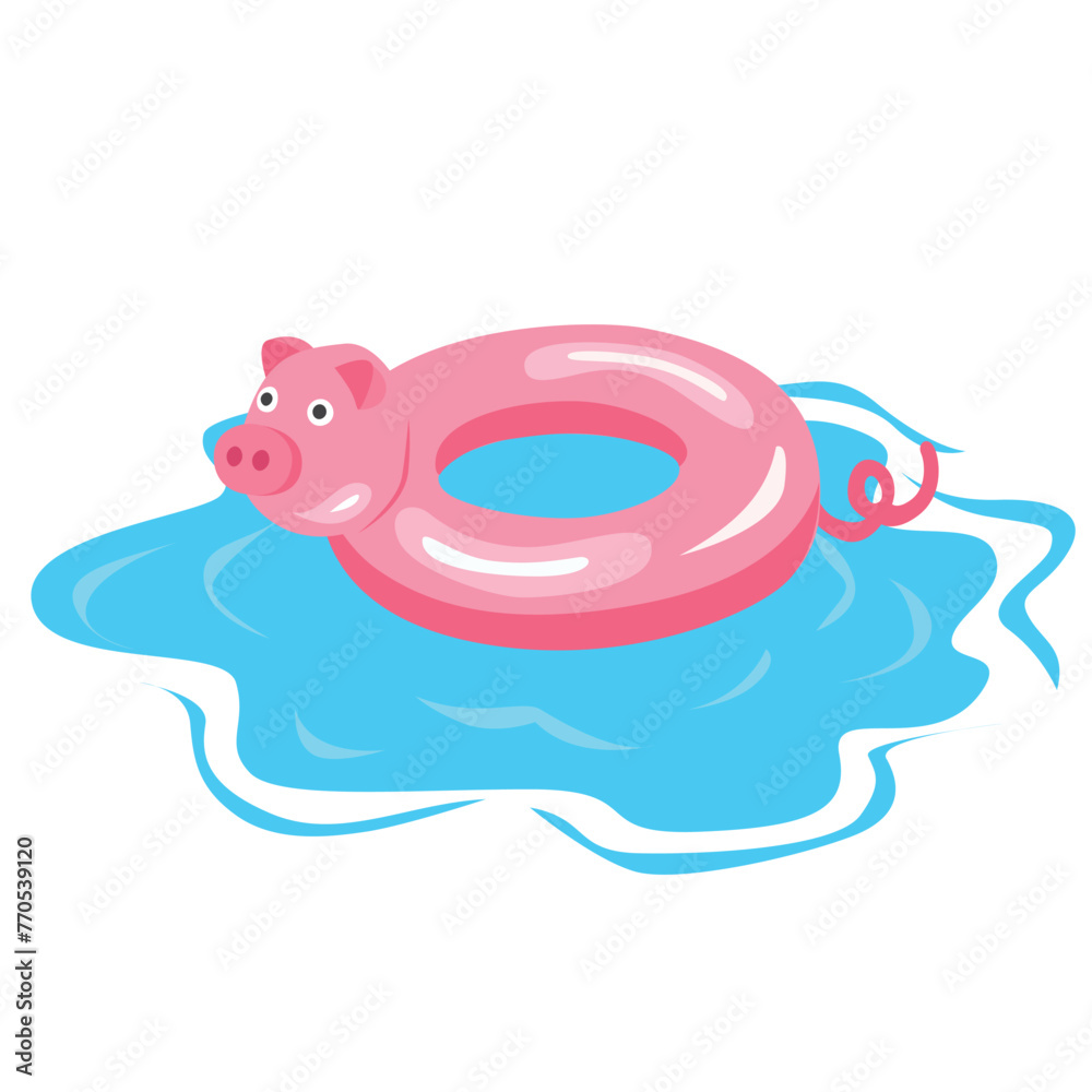 Obraz premium Swimming ring vector in pig shape. Inflatable float, inflatable pool float clipart. Water lifebuoy. Summer element. Hello summer concept. Cartoon flat vector isolated on white background.