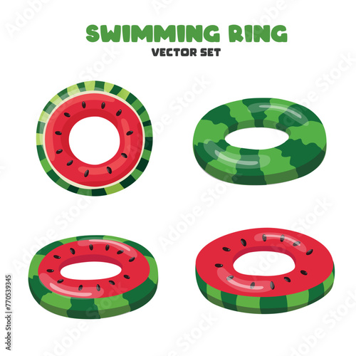 Swimming ring vector with watermelon pattern.  Inflatable float, inflatable pool float clipart. Water lifebuoy. Summer element. Hello summer concept.  Cartoon flat vector isolated on white background.