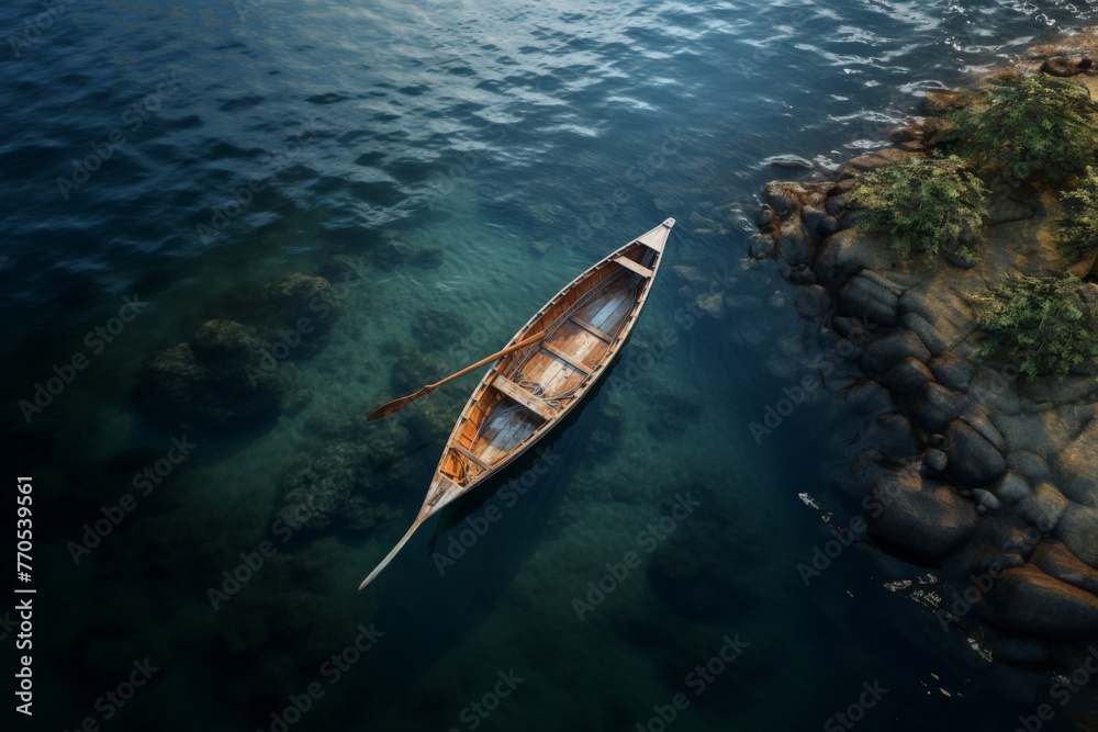 Wooden canoe in the azure waters of the Mediterranean coast, view from above 