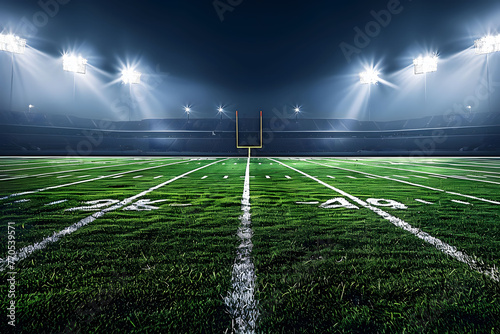 A dramatic American football field illuminated by bright stadium lights, creating sharp contrasts between light and shadow showcasing the green grass and white lines under a dark night sky. photo