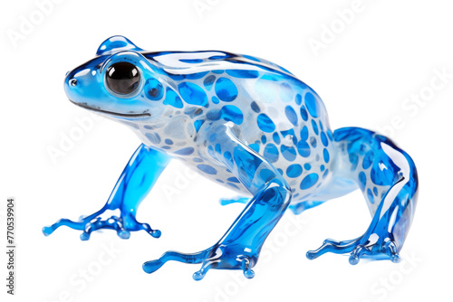Blue and White Frog Perched on White Surface. On a White or Clear Surface PNG Transparent Background.