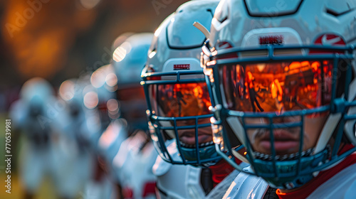 Close-up of American football players lined up in helmets, reflective visors glowing with the sunset light photo