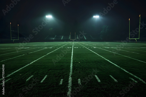 A dramatic American football field illuminated by bright stadium lights, creating sharp contrasts between light and shadow showcasing the green grass and white lines under a dark night sky.