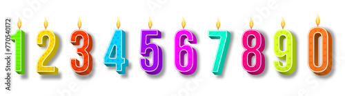 Celebration cake candles burning lights, birthday number and party candle. Birthday anniversary numbers candle. Template set of symbols for invitation to the anniversary. Vector illustration.

