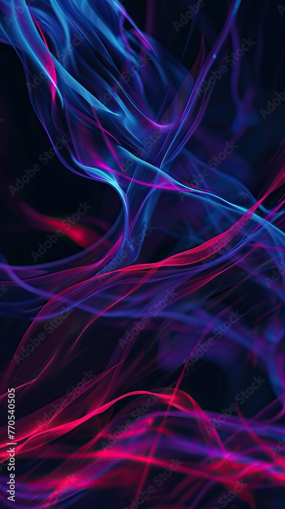 Dynamic abstract background of flowing neon light waves in blue and pink hues.