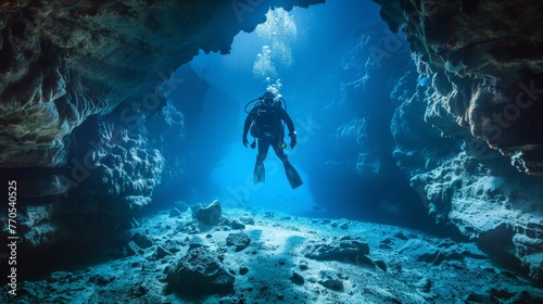 Diver Exploring an Underwater Cave in Clear Blue Waters