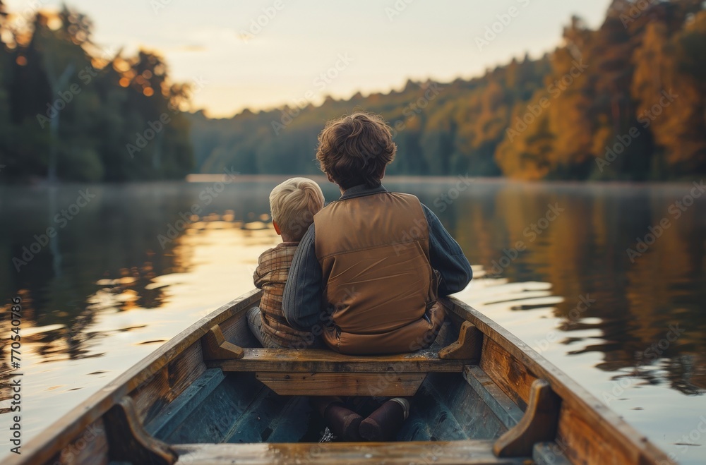 A contemplative back view of two people enjoying a peaceful rowing excursion on a calm lake amid forest scenery A contemplative back view of two people enjoying a peaceful rowing excursion on a calm lake amid forest scenery