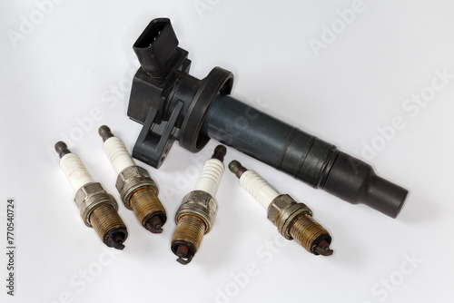 Used ignition coil, spark plugs for petrol internal combustion engine