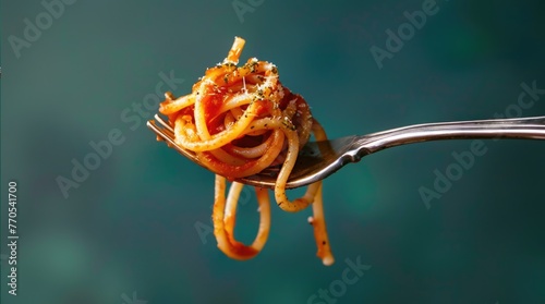 Spaghetti on fork isolated on blue background. Pasta with tomato sauces. Italian food cooking. Tasty dinner at Italia restaurant. Delicious lunch delivery ad.